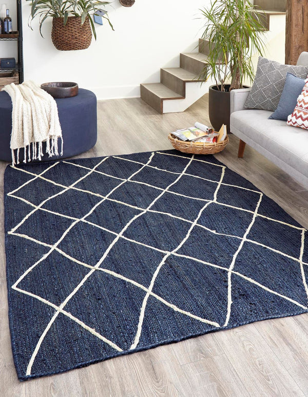 Unique Loom Braided Jute Trellis Hand Braided Solid Rug Navy Blue, Ivory 8' 0" x 10' 0"