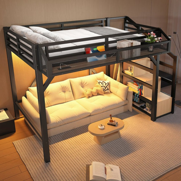 English Elm Twin Metal Loft Bed with Wardrobe Shelves Storage Stairs Led Lighting Usb Ports W1580S00404