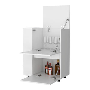 English Elm Fm Furniture Logan Rolling White Bar Cart with Open Shelves and Concealed Cabinet Storage B128P321070