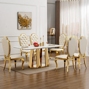 English Elm Marble Dining Table For 6-8, 70'' Rectangle Faux Marble Design With Elegant Gold Stainless Steel Base W3456S00011