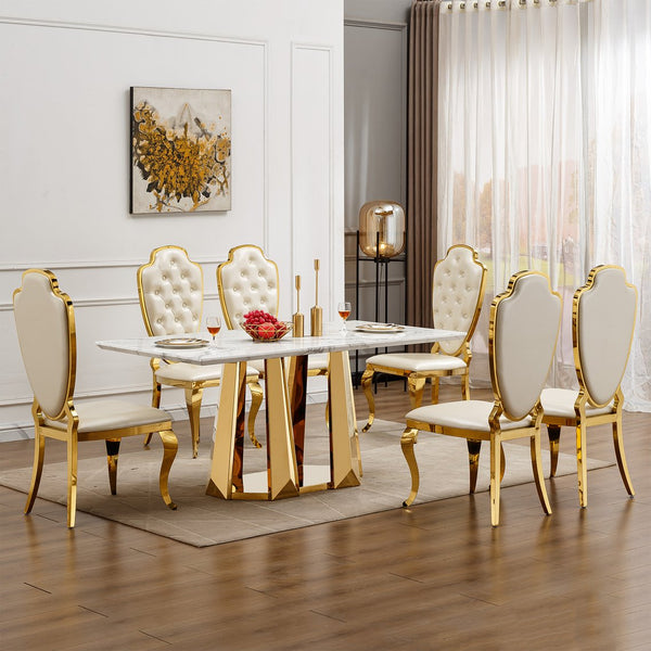 English Elm Marble Dining Table For 6-8, 70'' Rectangle Faux Marble Design With Elegant Gold Stainless Steel Base W3456S00011
