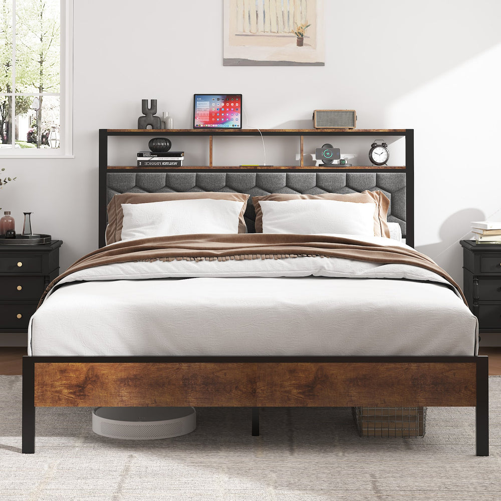 English Elm Queen Vintage Platform Bed Frame with Upholstered Headboard, USB & Type-C Charging Station, Large Under-Bed Storage, Noise-Free Easy Assembly W636P317033