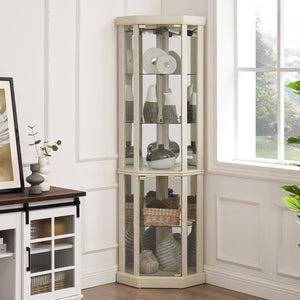 English Elm Corner Lighted Curio Cabinet with Mirrored Back Glass Shelves Classical Living Room Display Antique White W2275P194426