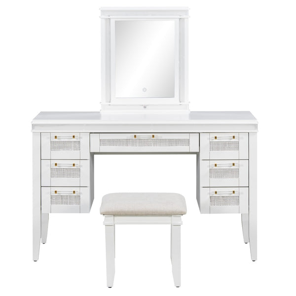English Elm 48" Makeup Vanity Desk with Led Mirror Bamboo Weave Drawers Cushioned Stool Bedroom Light Beige N704P337484K