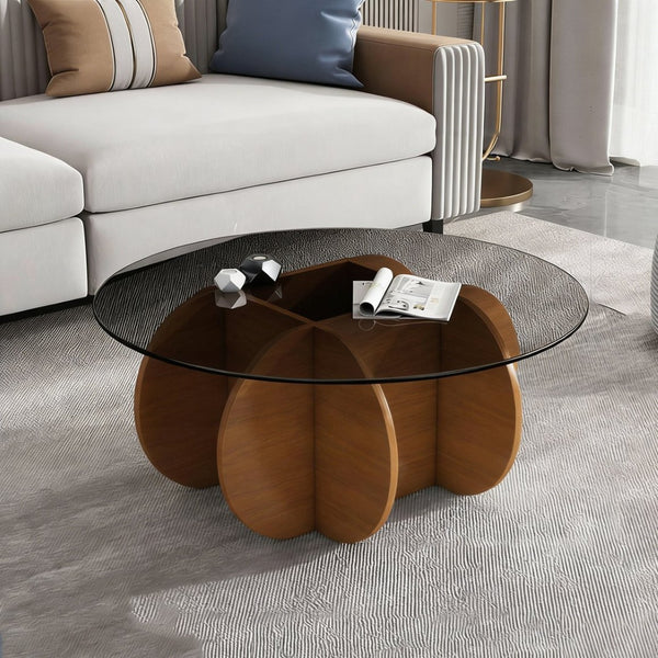 English Elm Modern Round Glass Top Coffee Table with Walnut Wood Base for Living Room Decor W3101P417725