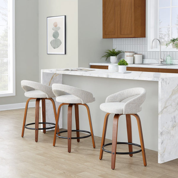 English Elm Fixed-height Swivel Counterstools with Walnut Bent Wood Legs and Upholstered Seats Set of 2 B202S01746
