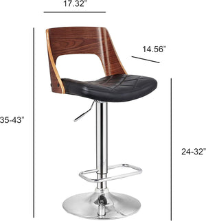 English Elm Bentwood Retro-Modern Adjustable Swivel Bar Stool 24"-32.3" Quilted Black Seat Chrome Accents B347P338403