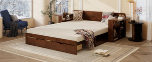 English Elm Queen Daybed with Hydraulic Desk Storage Drawers and Convertible Sofa for Small Spaces Espresso LT000272AAP