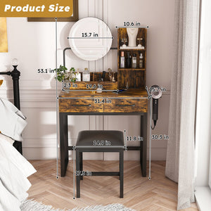 English Elm Makeup Vanity Table with LED Lights, Built-In Outlet & USB, Large Drawers, Hair Dryer Stand Brown W509P297015