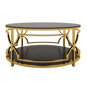 English Elm Round Tempered Glass Coffee Table with Gold Geometric Metal Base and Open Storage Shelf Black N735P396530B