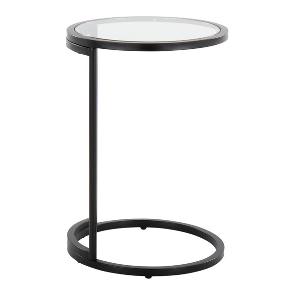 English Elm Round Zenn End Table In Black Metal & Clear Glass - Stylish C-Shaped Accent For Small Spaces B202P223395-GIGA