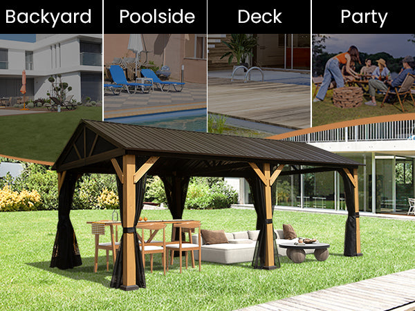 English Elm Cedar 12'x20' Gazebo with Galvanized Metal Roof, Weatherproof 2500lb Snow Load, Privacy Walls, Hooks W1859S00120