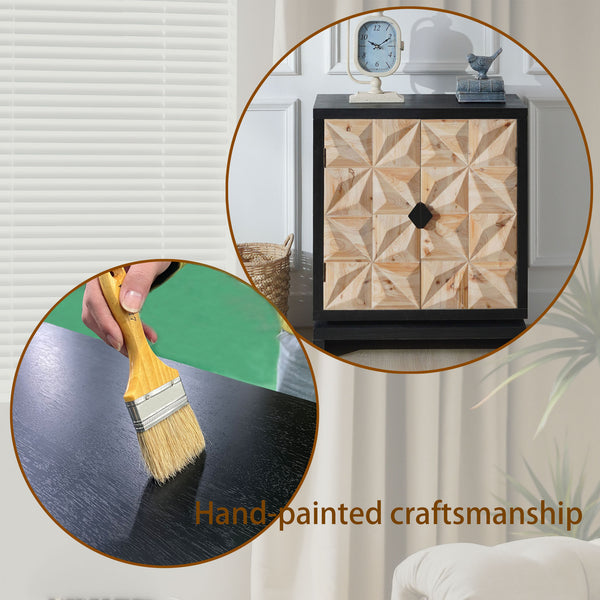 English Elm 3D Geometric Carved Double-Door Cabinet with Black Frame, Natural Wood Grain, Modular Storage Solution W2729P199004