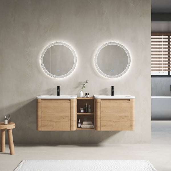 English Elm 60'' Wall-Mounted Vanity with White Ceramic Sink, Plywood Shelves, Soft-Close Door, Scratch & Water-Resistant Finish W999S00381