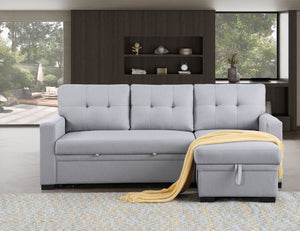 English Elm Tufted Linen Sectional Sleeper Sofa with Storage Ottoman and Reversible Chaise Gray B2730S00052