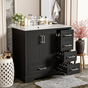 English Elm 36" Traditional Bathroom Vanity with Ceramic Sink, Solid Wood Cabinet, Soft-Close Doors & Drawers Black N729P251630B