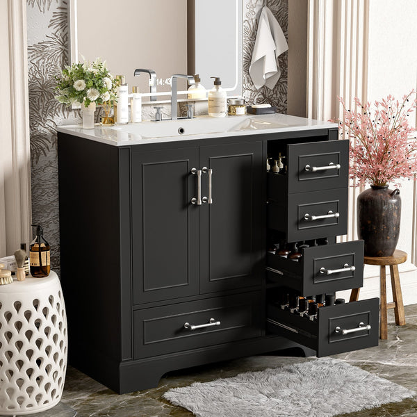 English Elm 36" Traditional Bathroom Vanity with Ceramic Sink, Solid Wood Cabinet, Soft-Close Doors & Drawers Black N729P251630B