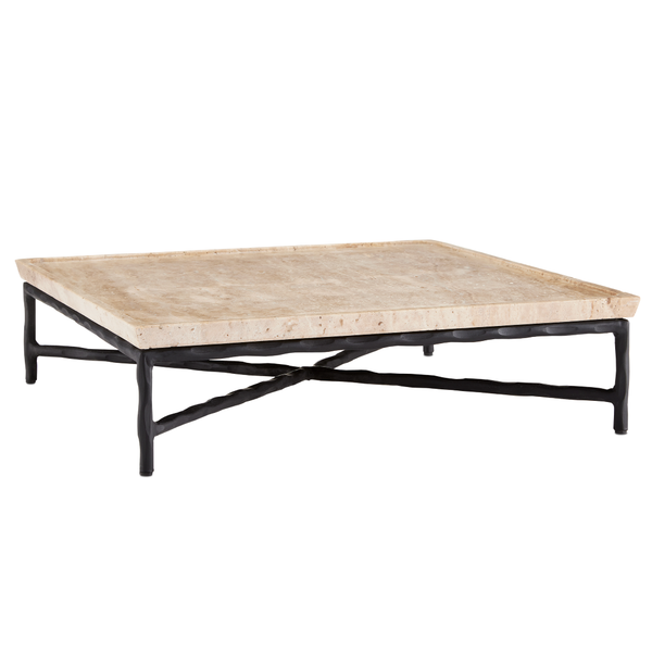 Boyles Travertine Tray with Unique Pitting and Forged Iron Base - Modern Natural Home Accent
