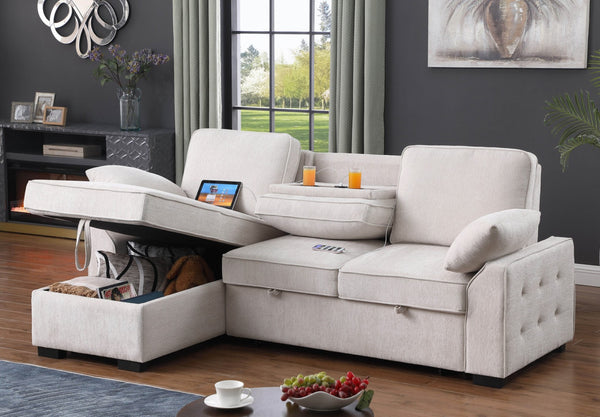 English Elm Marcello Chenille Sleeper Sectional with Reversible Chaise Storage and Charging Console Beige B2749S00164