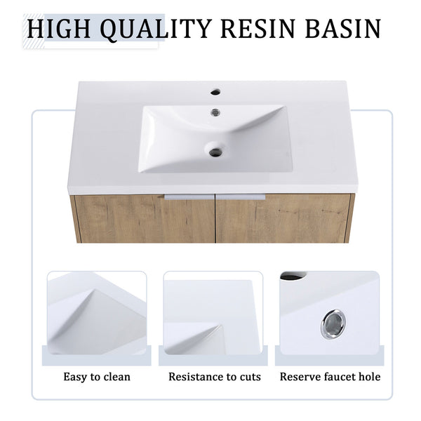 English Elm 84 Inch Wall Mounted Vanity with Dual Resin Sinks, Soft Close Doors, Metal Handles, Ample Storage Space Imitative Oak W999S00190