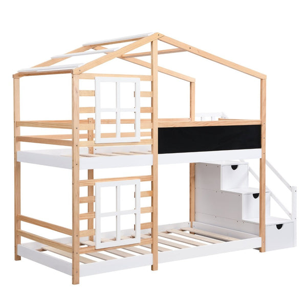 English Elm Twin Over Solid Pine House Bunk Bed with Blackboard Storage Staircase W495S00012