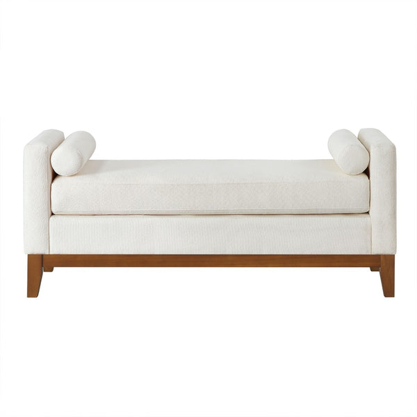 English Elm Large Boucle Upholstered Window Bench with Armrests and Throw Pillows for Entryway Ivory W2186P454317