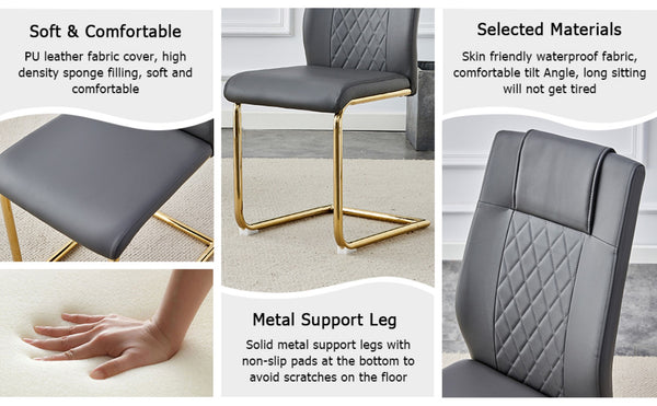 English Elm Table With Glass Top & 8 Chairs - Modern Imitation Marble Dining Set With Golden Stainless Steel Legs W1151S04331-GIGA