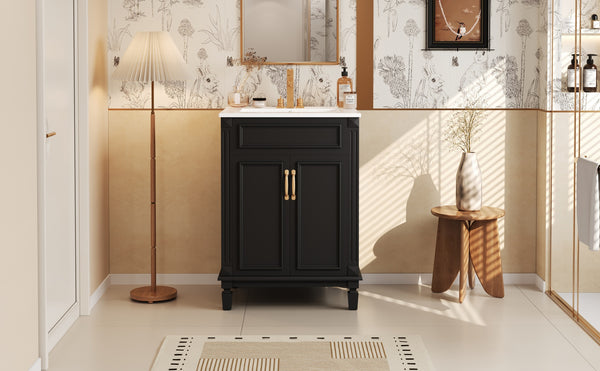 English Elm 24'' Bathroom Vanity with Sink - Solid Wood Frame, Glossy Ceramic Basin, Soft-Close Doors & Ample Storage Elegant Modern Design, Durable MDF Construction, Retro Metal Handles, Compact 24-inch Cabinet Black N710P317675B