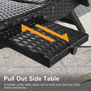 English Elm K&K 80" Outdoor Wicker Chaise Lounge Set of 2 with 2000H UV Wicker, Pull-Out Side Table, 4-Position Recliner Black WF321204AAB