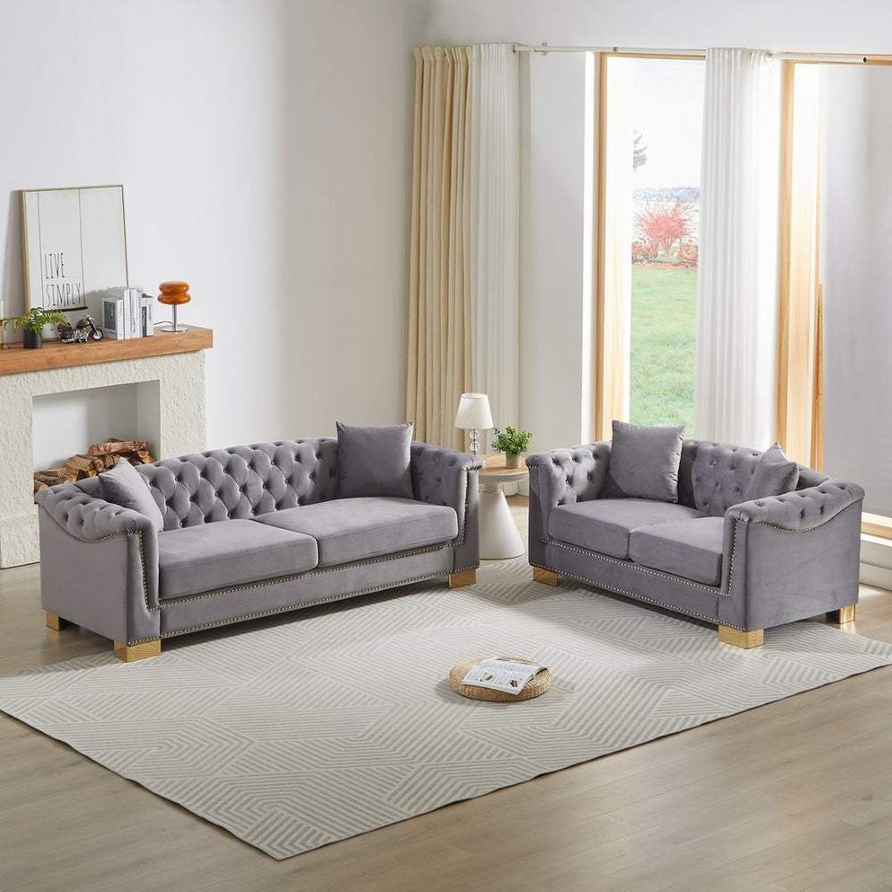English Elm 3-seater and 2-seater Chesterfield Velvet Sofa Set with Tufted Back Gold Stud Trim Grey W1926S00106