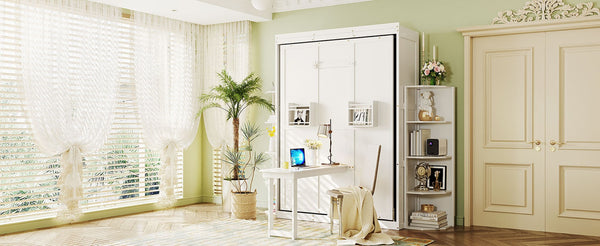 English Elm Rotating Murphy Wall Bed with Convertible Desk Dual Side Shelves Full Size Mdf Cabinet White LP000961AAK