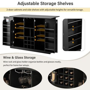 English Elm U_style Compact Kitchen Island with Drop Leaf Power Outlet Wine Rack Stemware Storage Black N711P437715B