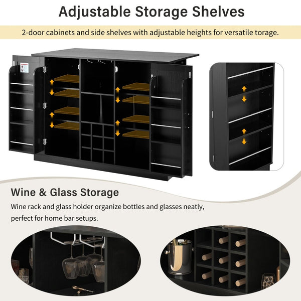 English Elm U_style Compact Kitchen Island with Drop Leaf Power Outlet Wine Rack Stemware Storage Black N711P437715B