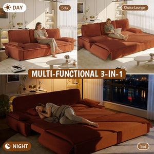 English Elm 94.5" King Convertible Sleeper Sofa Corduroy Upholstered Chaise Lounge Guest Room Bed Orange W1885S00307