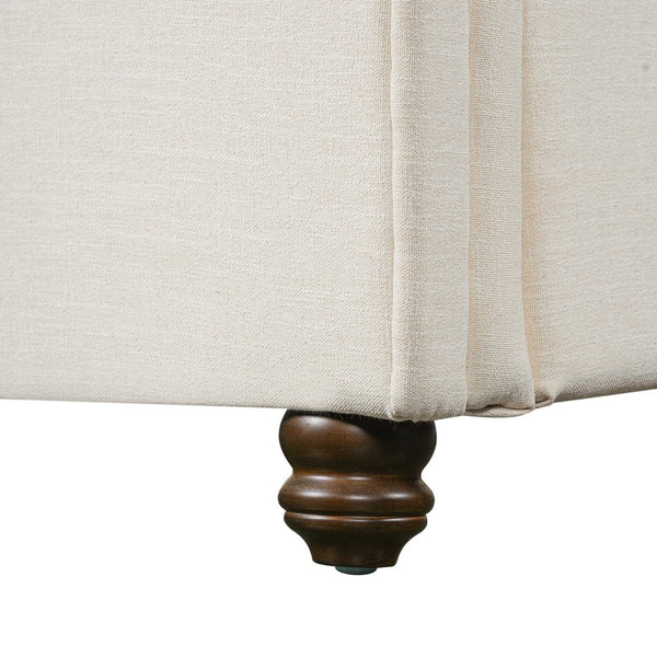 English Elm King Upholstered Bed Linen Fabric Rolled Headboard Rubberwood Legs Primary Bedroom Beige N757K384825I