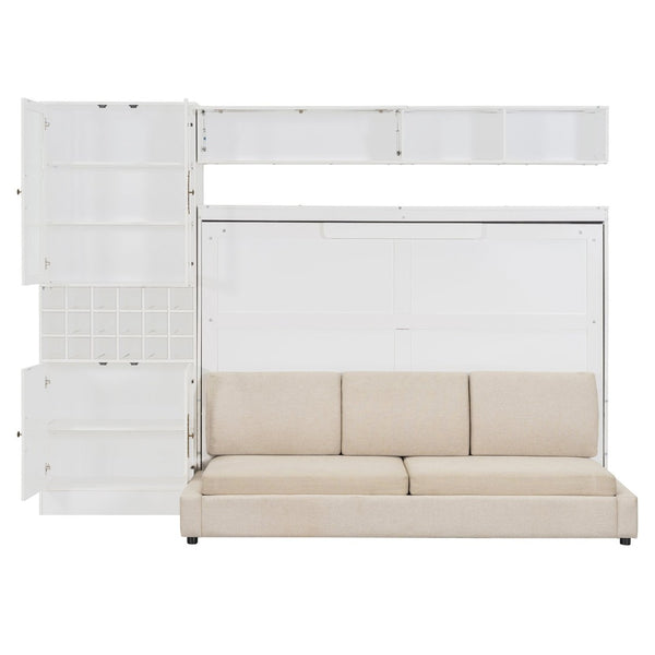 English Elm Full Size Murphy Wall Bed with Linen Sofa Integrated Shelving Usb Charging and Lighting LP000763AAK