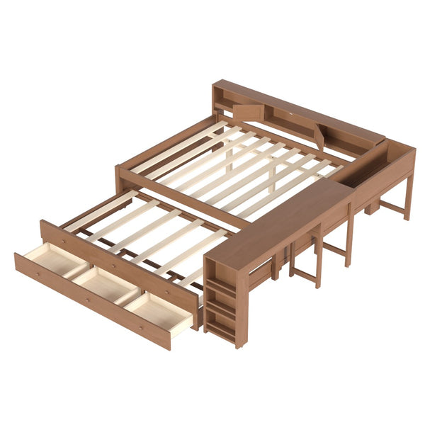 English Elm Twin Daybed Pine Frame with Trundle Desk Hutch Shelves and Storage for Kids Rooms Brown W1580S00462