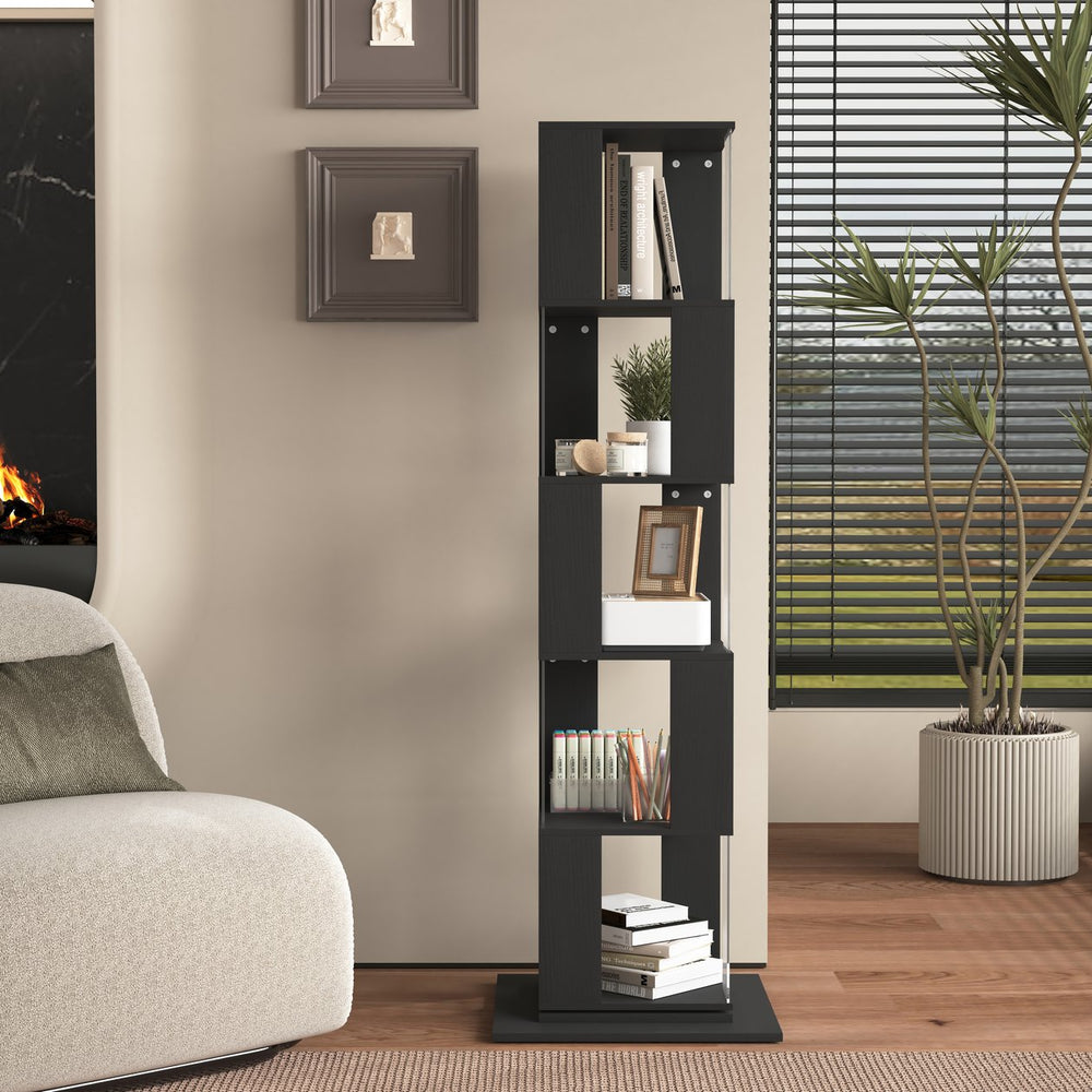 English Elm 5 tier rotating bookshelf with 360° swivel, large-capacity wood veneer rack with acrylic shelves and anti-tip base Black W409P167481
