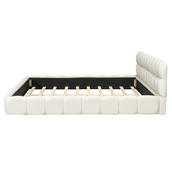 English Elm King Channel Stitched Linen Platform Bed Low Profile Contemporary Upholstered Frame Beige N737P387605A
