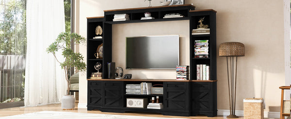 English Elm U-can Farmhouse Wall Unit with Barn Doors Built-in Power Outlets and Open Shelving Black+Brown SJ000154AAB