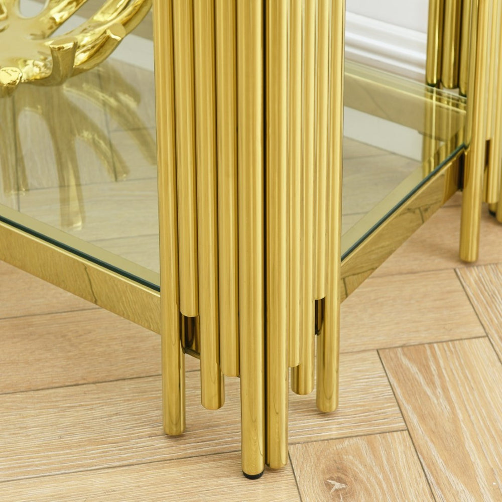 English Elm Glass Top Console Table Gold Metal Frame Narrow Entryway Sofa Hall Display W1567110863