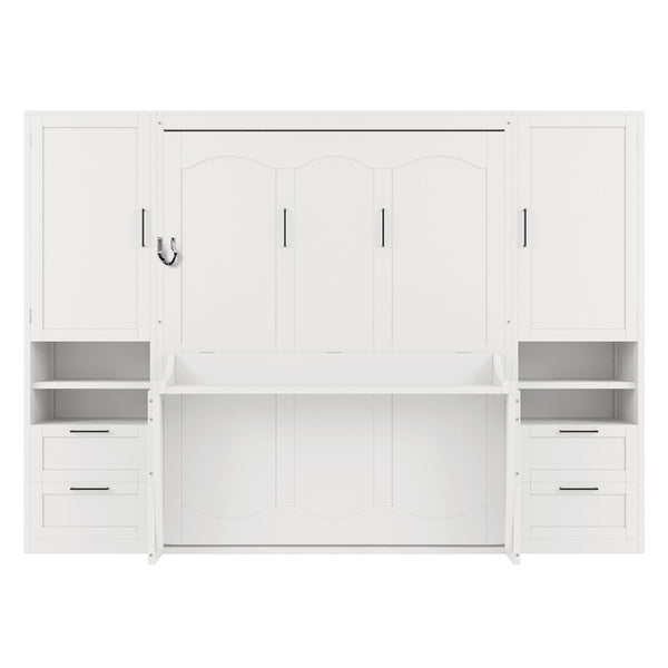 English Elm Queen Murphy Fold Down Wall Bed with Wardrobe Drawers and Shelves for Guest Rooms White LP000909AAK-2