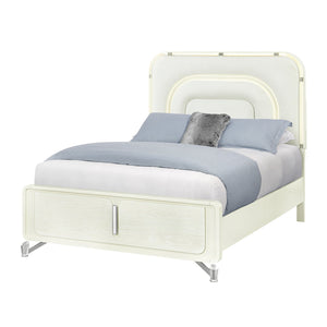 English Elm Nora Solid Wood King Bed with LED Headboard, Contemporary Geometric Legs and Rounded Edges Beige 71.85 L x 20.12 W x 5.91 H B201S00445