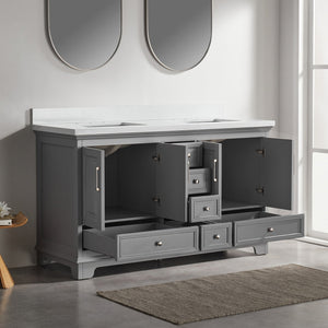 English Elm Fully 60'' Freestanding Double Bathroom Vanity with Solid Wood Base and Carrara Engineered Marble Top Gray W1826P382805