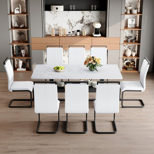 English Elm Table And Chair Set: Modern White Grain Dining Table With Storage & 8 Pu Chairs For Stylish Spaces W1151S04273-GIGA