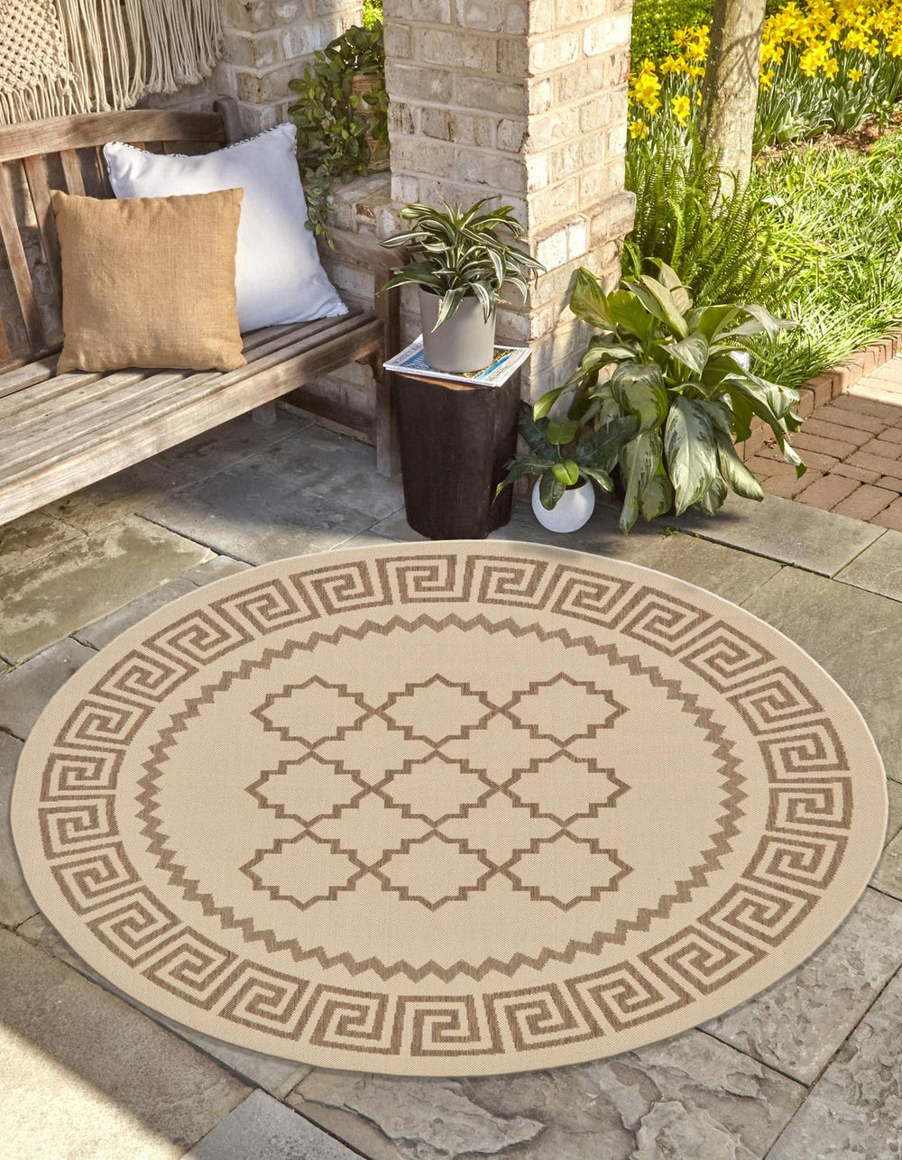 Unique Loom Outdoor Trellis Stars Machine Made Geometric Rug Beige, Brown 6' 1" x 6' 1"