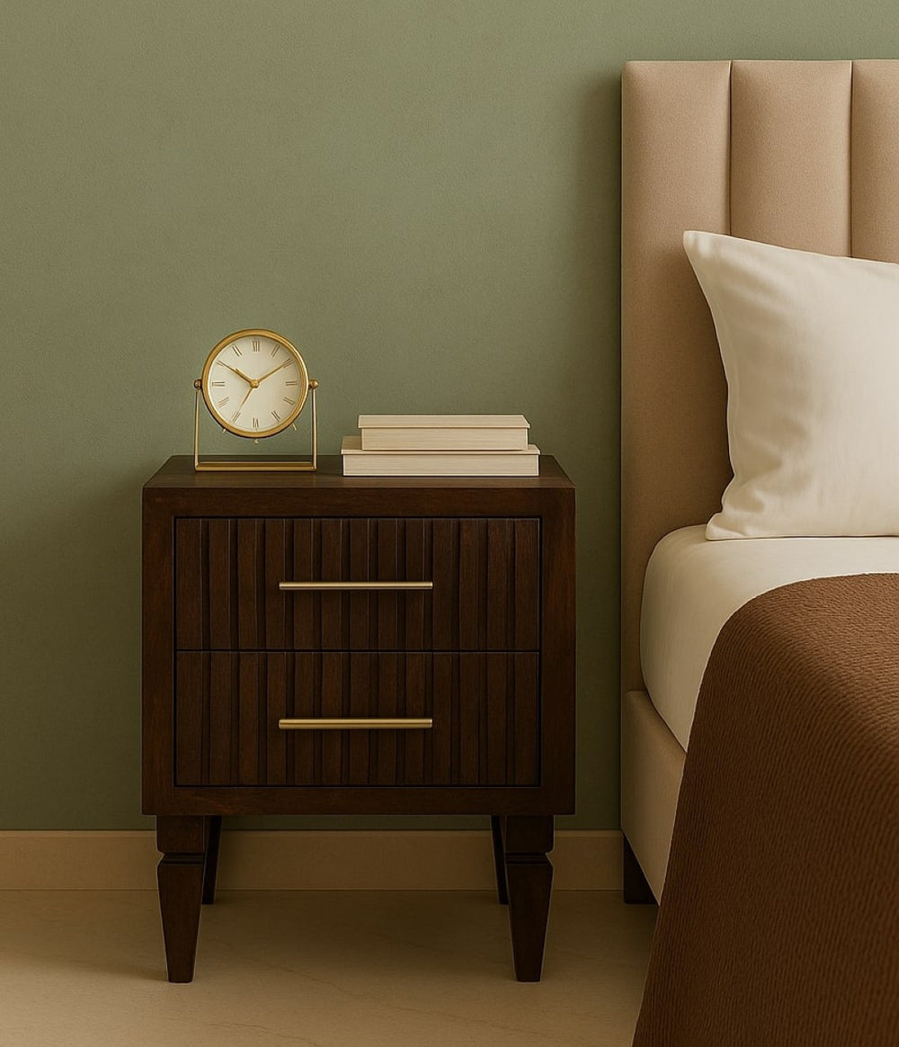 English Elm Solid Wood Belmont Nightstand - Handcrafted Mango Wood Bedside Table With Elegant Brass Details B182P372146-GIGA