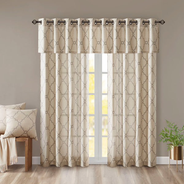 JLA Home Madison Park - Fretwork Metallic Fretwork Print Valance with Grommet Top — Textured Cotton-Blend Light Filter Beige/Grey MP41-2021