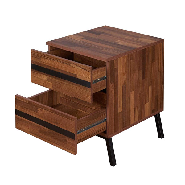 English Elm 2 Drawer Nightstand Walnut Veneer with Sandy Black Metal Sloped Legs, Sleek Storage & Timeless Style B016P311063
