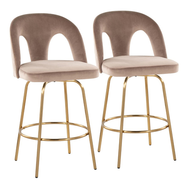 English Elm Fixed-height Swivel Counterstools with White Upholstery Gold Footrest Set of 2 Taupe B202S01790